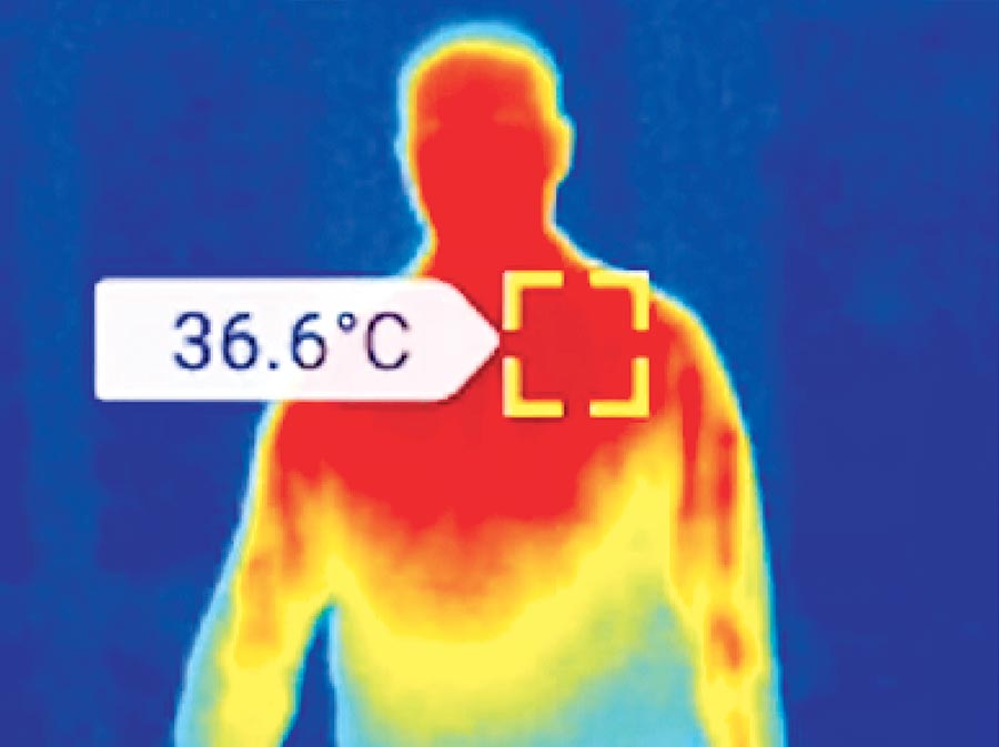 Thermal image of man with temperature of 36.6 Celcius